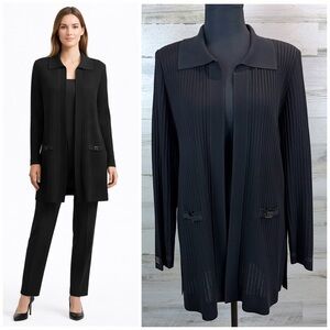 Exclusively Misook Ribbed Knit Open Cardigan M Black Collared Career Minimalist